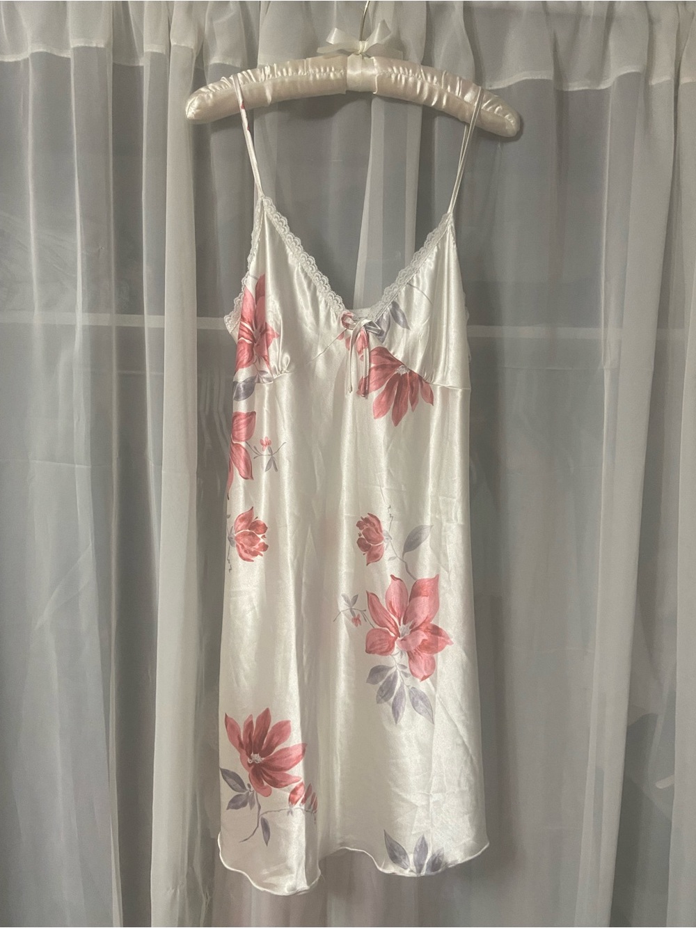 Silk-Feel Floral Slip Nightdress in Ivory with Pink Flowers